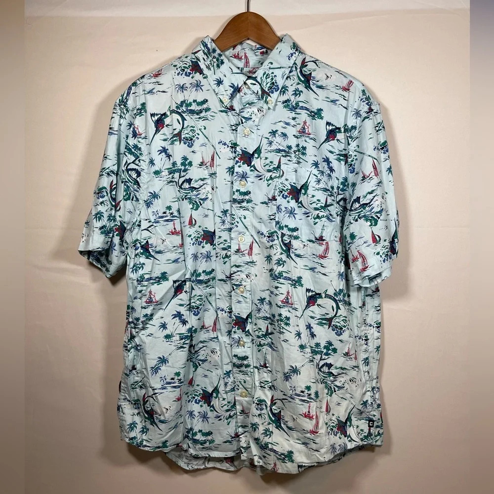 CHAPS Ralph Lauren Fishing Sailing Marlin Print Short Sleeve Collar Shirt SZ XL